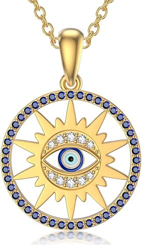 ايوبس قلادة عين الحسد من الذهب الخالص عيار 14 قيراط للنساء بدلاية على شكل شمس وعين الحسد، قلادة انيقة للحماية من الحسد، 16 انش + 2 انش، ذهبي، زركونيا مكعب, ذهب, مكعب زركونيا in Kuwait