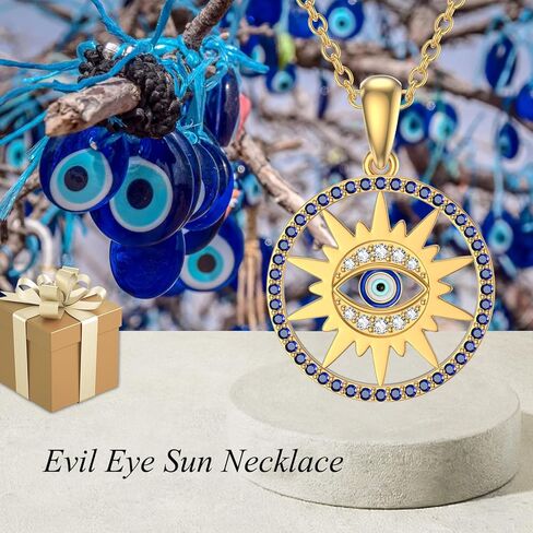 ايوبس قلادة عين الحسد من الذهب الخالص عيار 14 قيراط للنساء بدلاية على شكل شمس وعين الحسد، قلادة انيقة للحماية من الحسد، 16 انش + 2 انش، ذهبي، زركونيا مكعب, ذهب, مكعب زركونيا in Kuwait