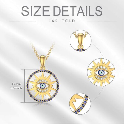 ايوبس قلادة عين الحسد من الذهب الخالص عيار 14 قيراط للنساء بدلاية على شكل شمس وعين الحسد، قلادة انيقة للحماية من الحسد، 16 انش + 2 انش، ذهبي، زركونيا مكعب, ذهب, مكعب زركونيا in Kuwait
