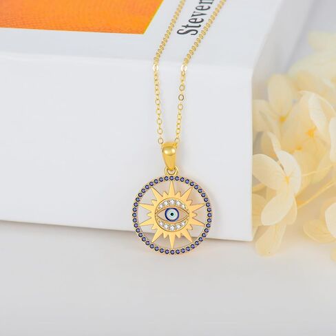 ايوبس قلادة عين الحسد من الذهب الخالص عيار 14 قيراط للنساء بدلاية على شكل شمس وعين الحسد، قلادة انيقة للحماية من الحسد، 16 انش + 2 انش، ذهبي، زركونيا مكعب, ذهب, مكعب زركونيا in Kuwait
