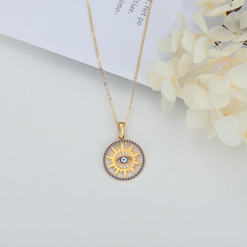 ايوبس قلادة عين الحسد من الذهب الخالص عيار 14 قيراط للنساء بدلاية على شكل شمس وعين الحسد، قلادة انيقة للحماية من الحسد، 16 انش + 2 انش، ذهبي، زركونيا مكعب, ذهب, مكعب زركونيا in Kuwait