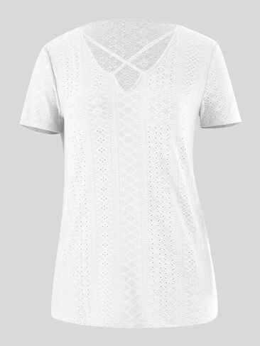 تي شيرت نسائي قطع علوية صيفية 2023 قمصان غير رسمية بأكمام قصيرة وياقة على شكل V من الدانتيل مع فتحة علوية مثيرة متقاطعة وفضفاضة لطيفة تي شيرت in Kuwait