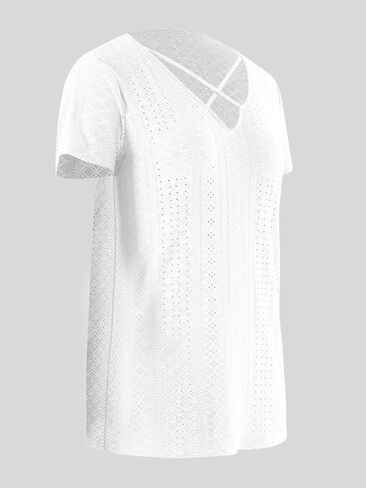 تي شيرت نسائي قطع علوية صيفية 2023 قمصان غير رسمية بأكمام قصيرة وياقة على شكل V من الدانتيل مع فتحة علوية مثيرة متقاطعة وفضفاضة لطيفة تي شيرت in Kuwait