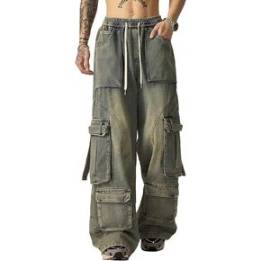Bakyarder Men's Vintage Washed Cargo Jeans, High Waist, Baggy Wide Leg, Unisex Streetwear with Multiple Pockets