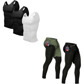 Odoland Bundle – 2 Items Mens 3 Pack Body Shaper Slimming Tummy Vest and 2 Pack 2 in 1 Running Pants, Black/Army Green, L