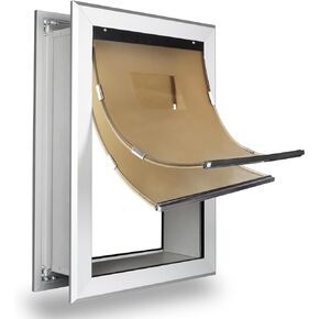 Aluminum Dog Door for Wall,Security Dog Door with Telescoping Tunnel and Sliding Locking Panel,Double Magnetic Flap, Portable Handle - Medium