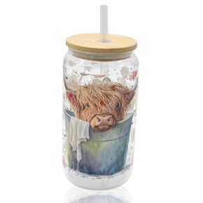 Cute 16oz Clear Glass cup with bamboo lin and plastic straw. (Turtles, 16oz)