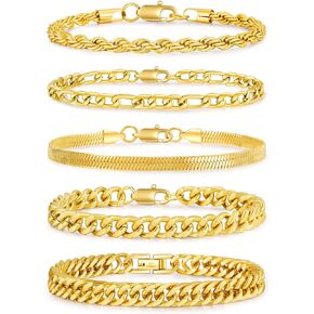 ABPBA 5 Pcs Stainless Steel Mens Chain Bracelet - Sturdy Curb Width Silver Rope Figaro Snake Cuban Link Chain Bracelet Set Stack Chain Bracelet for Men Women 6.5/7.5/8.3/9 Inches