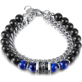 Fahonie Black Agate & Tiger Eye Bead Bracelet For Men Women with Stainless Steel Chain Blue