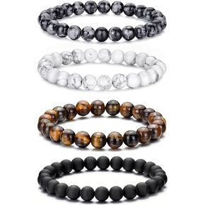 VEEDOFA Tiger Eye Beaded Bracelets for Men - Elastic 8MM Natural Stone Bracelet Set Lava Rock Bracelets Gifts for Son Grandson Bonus Son Boyfriend Brother