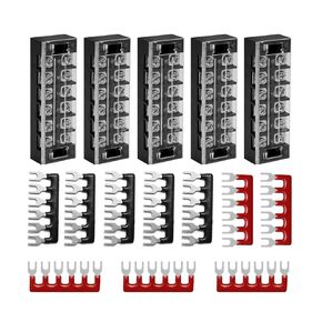 5PCS Dual Row 6 Positions Terminal Strips Blocks 600V 25A with 5PCS Black and 5PCS Red 6 Positions Pre-Insulated Terminals Barrier Strips