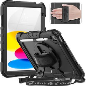 timecity for iPad 10th Generation Case, for iPad 10.9 Case 2022-2023: with Strong Protection, Screen Protector, 360° Rotating Stand, Hand Strap, Shoulder Strap, Pencil Holder - Black