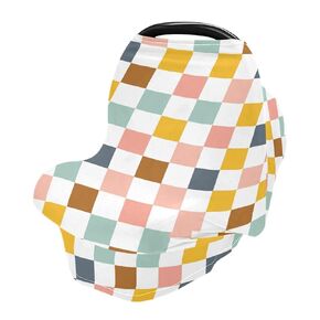 Geometric Colorful Checkered Baby Car Seat Covers Checkerboard Plaid Carseat Canopy Soft Infant Stroller Cover Nursing Breastfeeding Covers for Girls Boys Newborn Fit Summer Spring Autumn