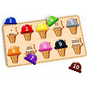 zhiwuzhu Wooden Puzzles for Toddlers,Montessori Toys,Preschool Learning Activities,Peg Puzzle with Ice Cream Shape and Color Number Matching Educational Toys