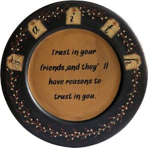 CVHOMEDECO. Primitive Antique Wood Decorative Plate Round Vintage Display Wooden Faith Plate Home Décor Art, 9-3/4 Inch