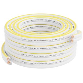 18AWG Speaker Wire 50 FT, 18 Gauge Audio Security Alarm Hookup Control Low Voltage Cable, Home Theater Wire, Automotive Wire, White Cord with Yellow Polarity Marker, CCA, 2 Conductors Electrical Wire