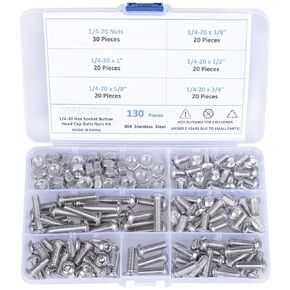Nuts and Bolts Assortment Kit 1/4-20 Button Head Socket Cap Screws Bolts Nuts 304 Stainless Steel Machine Screw Assortment Kit, Length 3/8" to 1", Full Thread, Allen Hex Drive 130Pcs