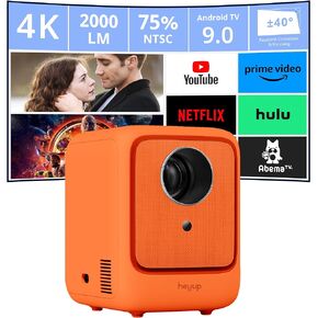 Heyup Boxe Lite Mini Projector, 1080P Portable Projector with Keystone Correction and Android TV 9.0, WiFi and Bluetooth, Video Projector with iOS HDMI USB TV Stick and Remote Control, White