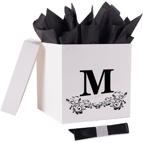 Jaywayang Letter Gift Box with Lid, Ribbon and Warpping Tissue, 8.7" White and Black Gift Box for Men Women Birthday, Baby Shower, Anniversary, Wedding Party Favor Decorative (Medium Letter A)