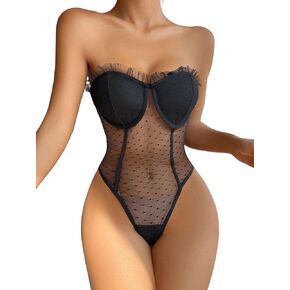 SOLY HUX Bodysuits for Women Mesh Sheer Frill Trim Strapless Bustier Tube Bodysuit Tops