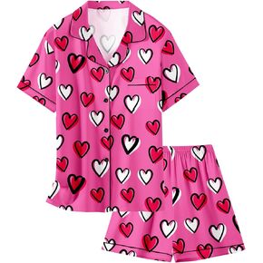Schbbbta Girls Satin Pajamas Set Short Sleeve Button Down Shirts Shorts Sleepwear 2 Piece Silky PJ Sets, Heart-Hot Pink, 13-14 Years = Tag 170