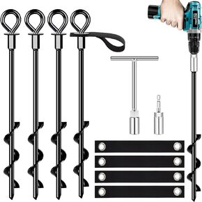 Trampoline Anchors Set of 4 - Heavy Duty Trampoline Stakes - Ground Anchors Resistant High Wind - Ground Stakes Heavy Duty with Straps