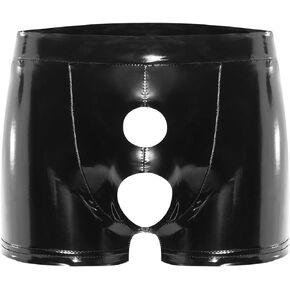 Mens Shiny Leather Boxer, Sexy Below Open Crotch, Double Holes, Comfort Stretch Waistband