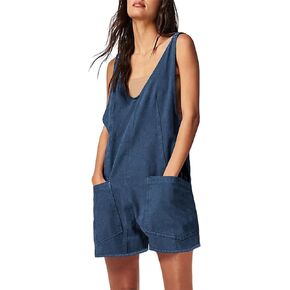 Tongmingyun Womens Summer Denim Overall Shorts Casual Sleeveless V Neck Jean Romper with Pockets