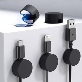 Maveek 5 Sets Black Clips Super Magnetic Cable Management System-Wire Fixing Summary Concave Round Buckle Includes Metal Plate Adhesive Desktop Wall Kitchen USB LAN