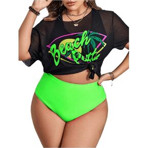 BEAUDRM Women's Plus Size 3 Piece Tropical Graphic Contrast Mesh Bikini Swimsuit Set with Cover Up