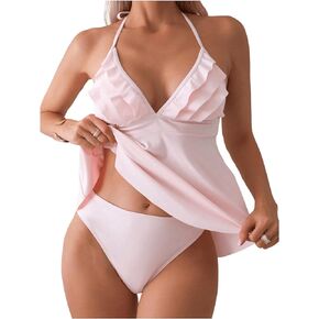 Floerns Women's 2 Piece Tankini Set Halter Tie Back Ruffle Hem Bikini Swimsuit