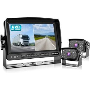 FOOKOO Ⅱ 7" 1080P Wired Backup Camera System, 7-inch HD Dual Split Screen Monitor W/Recording IP69 Waterproof Front/Rear View Cameras Parking Lines for Truck/Trailer/RV (FHD2)