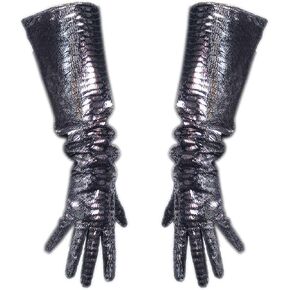 Real Leather Long Glvoes Unisex Wide Sleeves Silver Shine Black Lizard Snakeskin