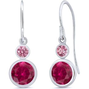 Gem Stone King 14K White Gold Red Created Ruby and Pink Lab Grown Diamond Drop Dangle Earrings For Women (2.26 Cttw, Gemstone July Birthstone, Round 6MM and 3MM)