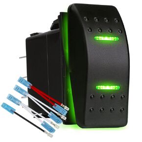 HOKAAER Momentary Rocker Switch Toggle (ON)-Off-(ON) Waterproof 12V/20A 24V/10A 7Pin DPDT Green LED Light, with Jumper Wires Set for Marine Boat Car Truck Caravan RV SUV ATV UTV