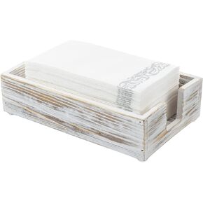 MyGift Shabby White Washed Solid Wood Bathroom Counter Guest Folded Paper Towel Holder, Sink Countertop Disposable Napkin Dispenser Vanity Toiletry Tray