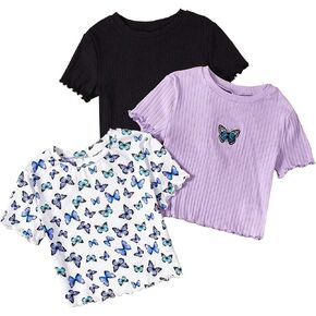 SHENHE Girl's 3 Piece Ribbed Knit Lettuce Trim Crewneck Short Sleeve Crop T Shirt Set