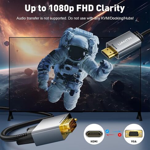 UANTIN HDMI to VGA Cable Adapter 3.3FT |Anti-Interference Gold-Plated Plugs| 1080P Aluminum HDMI Source to VGA Display Braided Cord (Male to Male) for PC,Laptop,Xbox,Graphics Card,Monitor More in Saudi Arabia
