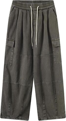 Bakyarder Men's Vintage Washed Cargo Jeans, High Waist, Baggy Wide Leg, Unisex Streetwear with Multiple Pockets in Saudi Arabia