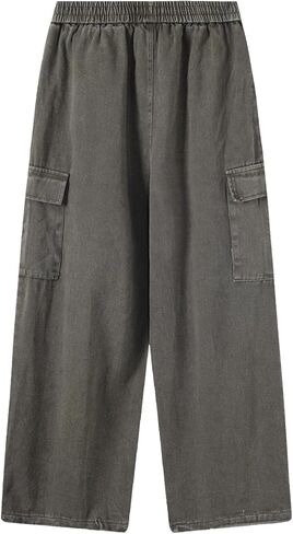 Bakyarder Men's Vintage Washed Cargo Jeans, High Waist, Baggy Wide Leg, Unisex Streetwear with Multiple Pockets in Saudi Arabia