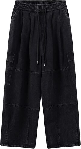 Bakyarder Men's Vintage Washed Cargo Jeans, High Waist, Baggy Wide Leg, Unisex Streetwear with Multiple Pockets in Saudi Arabia