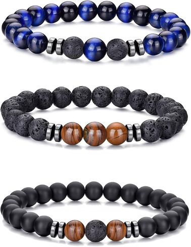 VEEDOFA Tiger Eye Beaded Bracelets for Men - Elastic 8MM Natural Stone Bracelet Set Lava Rock Bracelets Gifts for Son Grandson Bonus Son Boyfriend Brother in Saudi Arabia