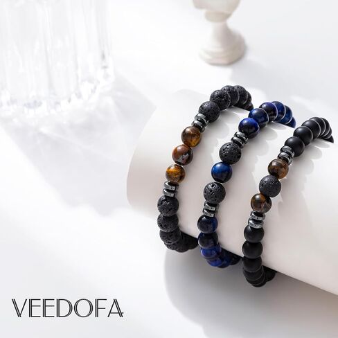 VEEDOFA Tiger Eye Beaded Bracelets for Men - Elastic 8MM Natural Stone Bracelet Set Lava Rock Bracelets Gifts for Son Grandson Bonus Son Boyfriend Brother in Saudi Arabia