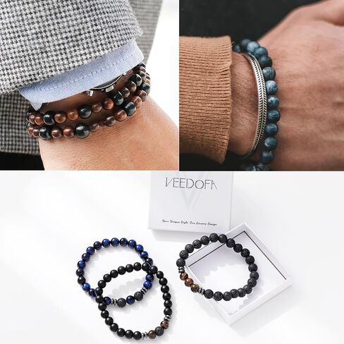 VEEDOFA Tiger Eye Beaded Bracelets for Men - Elastic 8MM Natural Stone Bracelet Set Lava Rock Bracelets Gifts for Son Grandson Bonus Son Boyfriend Brother in Saudi Arabia