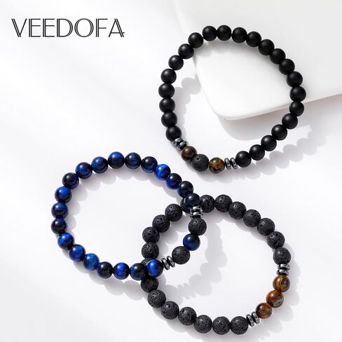 VEEDOFA Tiger Eye Beaded Bracelets for Men - Elastic 8MM Natural Stone Bracelet Set Lava Rock Bracelets Gifts for Son Grandson Bonus Son Boyfriend Brother in Saudi Arabia