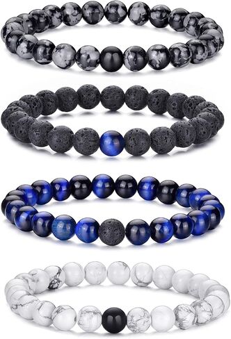 VEEDOFA Tiger Eye Beaded Bracelets for Men - Elastic 8MM Natural Stone Bracelet Set Lava Rock Bracelets Gifts for Son Grandson Bonus Son Boyfriend Brother in Saudi Arabia