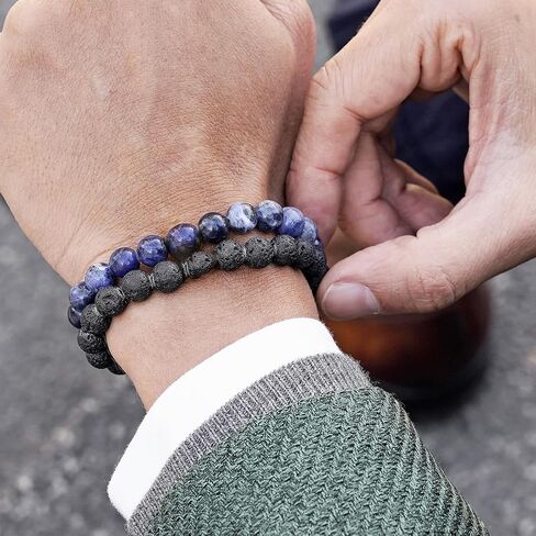 VEEDOFA Tiger Eye Beaded Bracelets for Men - Elastic 8MM Natural Stone Bracelet Set Lava Rock Bracelets Gifts for Son Grandson Bonus Son Boyfriend Brother in Saudi Arabia