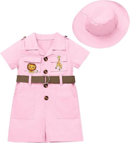 Baby Safari Outfit Wild One Birthday Outfit Girl Short Sleeve Safari Jumpsuit with Hat Toddler Zoo Keeper Costume in Saudi Arabia