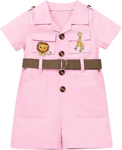 Baby Safari Outfit Wild One Birthday Outfit Girl Short Sleeve Safari Jumpsuit with Hat Toddler Zoo Keeper Costume in Saudi Arabia