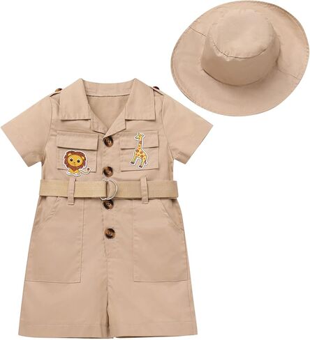 Baby Safari Outfit Wild One Birthday Outfit Girl Short Sleeve Safari Jumpsuit with Hat Toddler Zoo Keeper Costume in Saudi Arabia